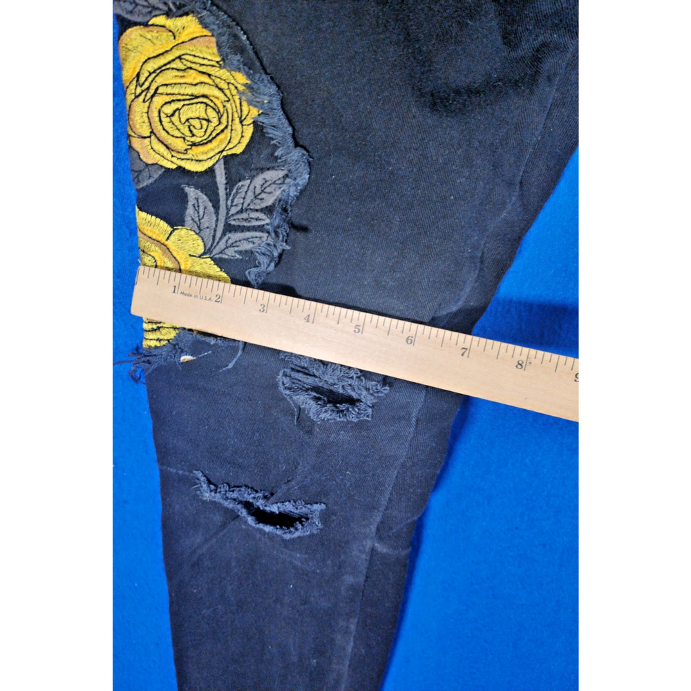 Golden Black Skinny Jeans Women Size 30 Yellow Floral Rose Embroidery Zipper - Picture 12 of 13